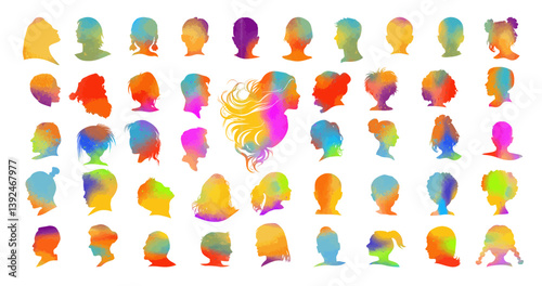 Set of colored silhouettes of people's heads. hand drawn. Not AI, Vector illustration.