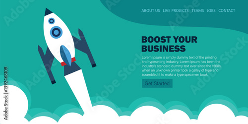 Boost your business landing page template. Spaceship takes off into space
