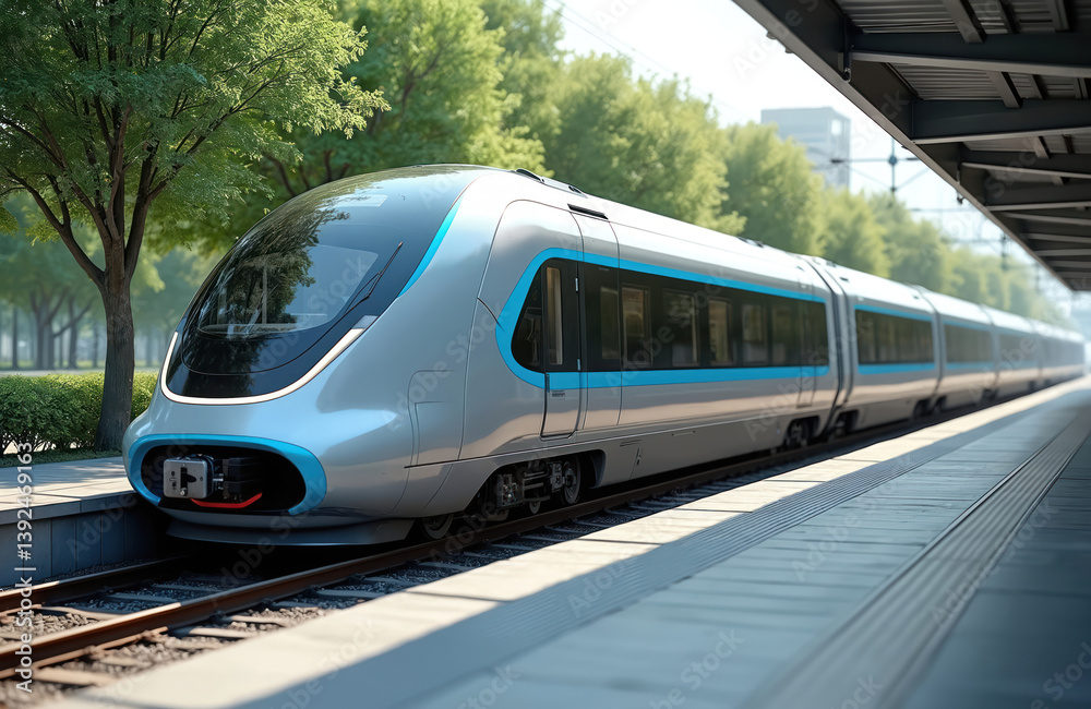 Naklejka premium Futuristic hydrogen fuel cell train concept. Zero-emission transport uses renewable energy, reducing pollution, promoting sustainability. Modern eco-friendly railway tech, future transport,