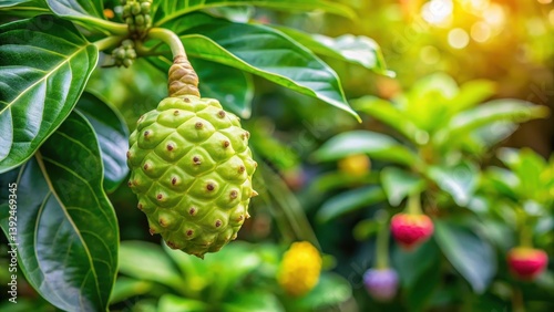 Fresh noni fruit hanging from a lush green stem surrounded by vibrant flowers and foliage in a serene herbal garden landscape, herbal garden, noni fruit