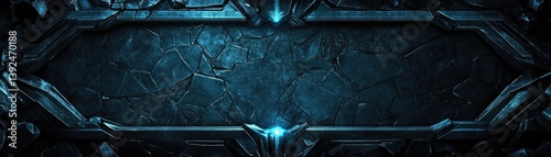 Dark stone plaque framed by glowing ornate metal, detailed cracked texture background