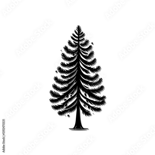 Elegant monochrome illustration of a stylized evergreen conifer tree silhouette