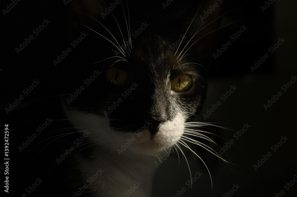 Tuxedo cat in natural sun light