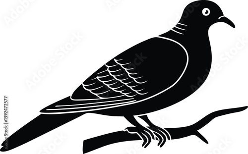 Beautiful Emerald Dove bird sitting forward on the branch silhouette black color vector illustration