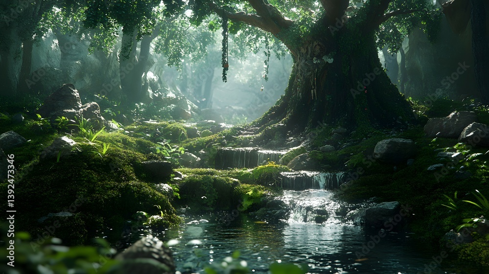 Lush forest scene with stream flowing through mossy rocks and large tree. Lush forest scene with stream flowing through mossy rocks and large tree.