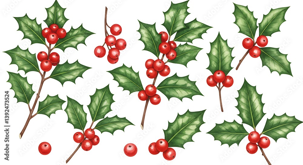 Botanical Illustration: Holly Berries and Leaves in Vibrant Detail AI Generated Botanical Illustration: Holly Berries and Leaves in Vibrant Detail AI Generated