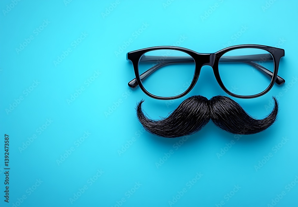 Fototapeta premium Minimalist Fathers Day Concept Black Rimmed Glasses And Mustache On Blue Background