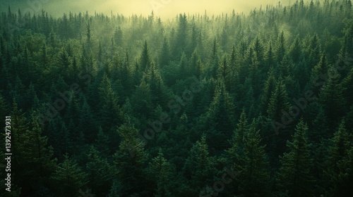 Tranquil forest of towering spruce, fir, and pine trees bathed in soft sunlight, evoking a serene connection with nature.
