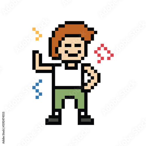 Cute cartoon pixel character cute man exercises training aerobic dance lifestyle music decoration life style 8 bit male boy dance with music game 8bit fitness isolated PNG vector.