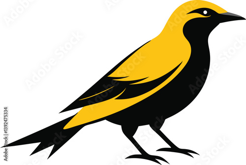Beautiful Golden Oriole bird sitting forward on the branch silhouette black color vector illustration 