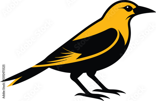 Beautiful Golden Oriole bird sitting forward on the branch silhouette black color vector illustration 