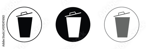 Trash can icon in black and white in round circle, Trash garbage can, bin waste vector, Suitable for Web Sites, Books, Cards, Apps . Vector Illustration .EPS 10 . 