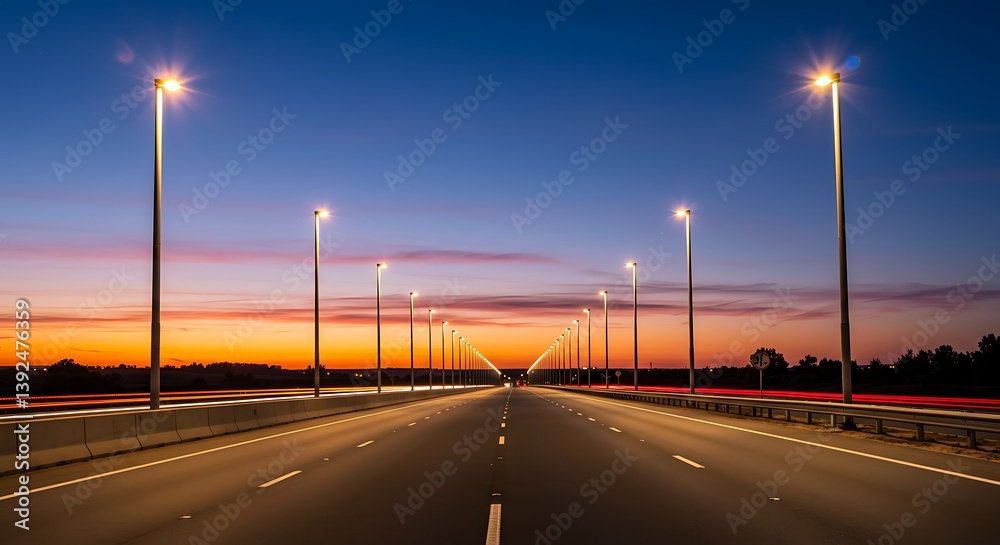 © Thuy - Twilight Highway: A Scenic Nighttime Road at Sunset AI Generated