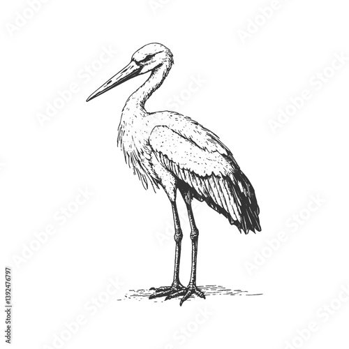 A stork. Vintage black ink illustration, isolated on white background. Pencil drawing, sketch style.
