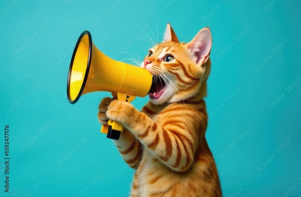 Fototapeta premium Red cat holds a yellow loudspeaker in its paws and screams on a blue background