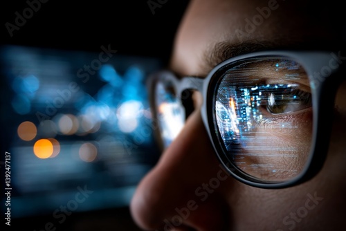 A stock image depicting a close-up of eyes and glasses with a reflected computer monitor represents the concept of cyber security