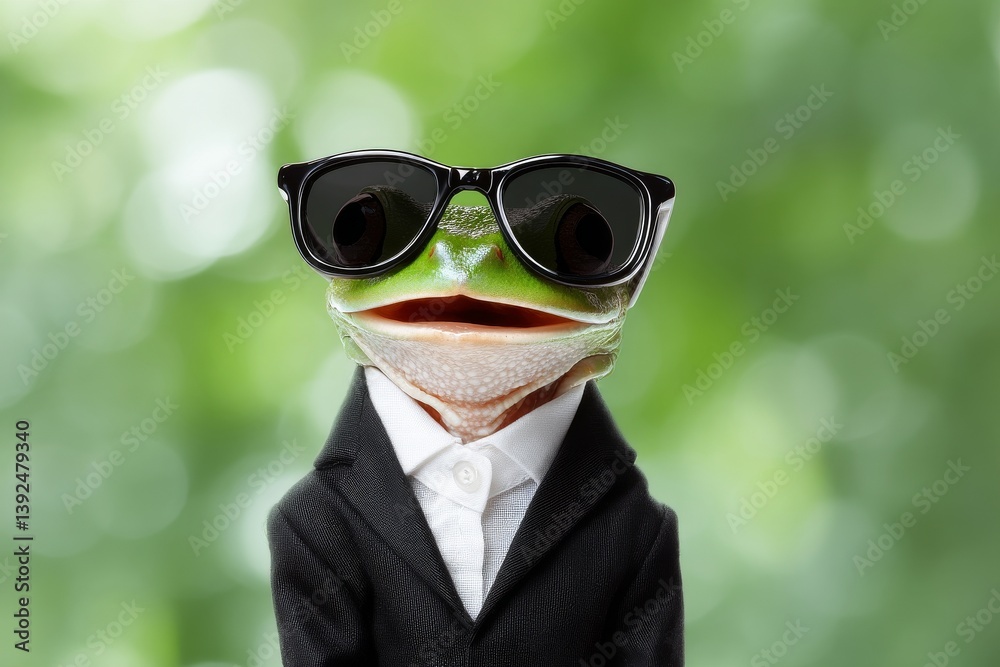 Mr. Frog is depicted wearing sunglasses and dressed in a shirt and tie, with a smiling expression, as a humorous meme generated by stock Mr. Frog is depicted wearing sunglasses and dressed in a shirt and tie, with a smiling expression, as a humorous meme generated by stock