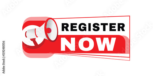 Register here banner, tag  for announce. Design template, flat vector label icon illustration isolated.