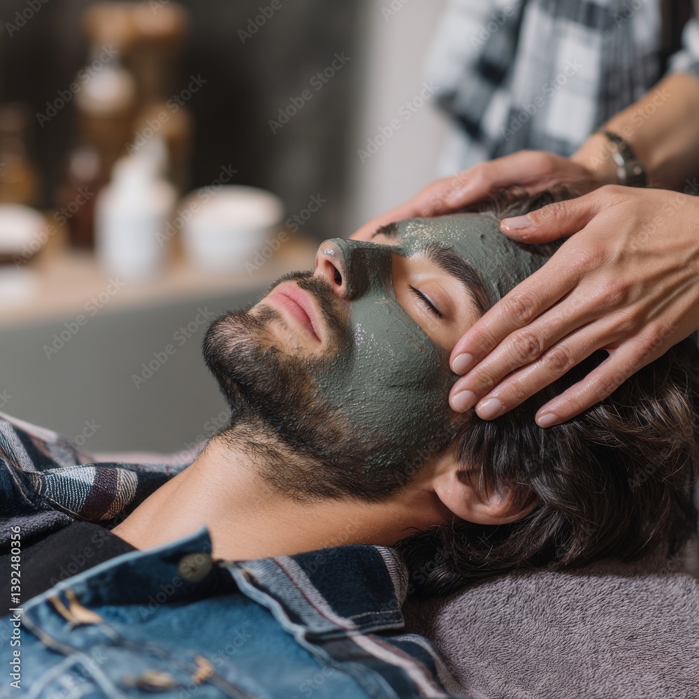 Fototapeta premium A man is being given a facial treatment that features skin care to shed dead skin cells, whiten the skin, and make it luminous, leading to relaxation