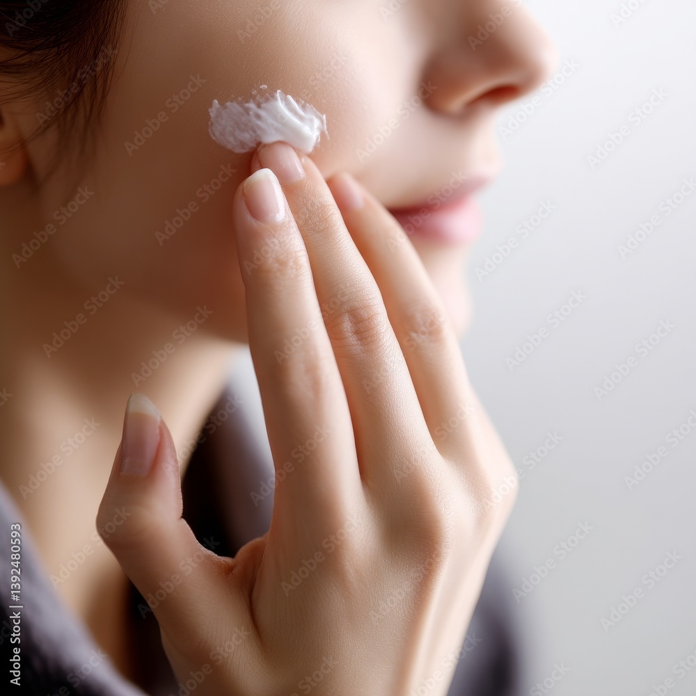 Naklejka premium In a stunning beauty close-up, a young woman with glowing skin is depicted applying a skincare cream, emphasizing hydration and a smooth smear