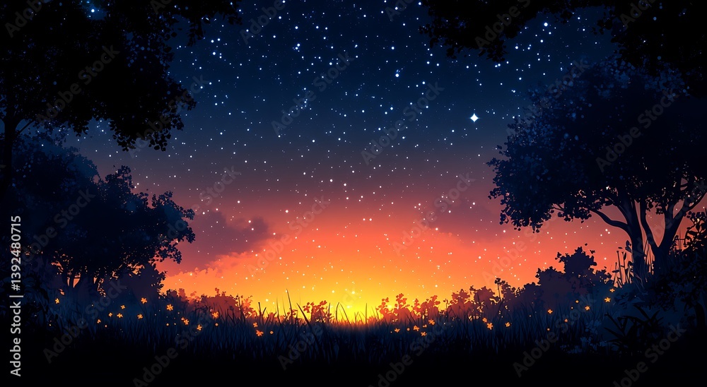 Obraz premium Starry Sunset Forest Firefly Magic.