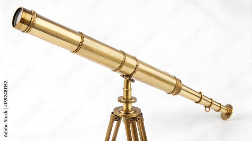 Naklejka premium Antique brass telescope pointing upward with tripod on white background 