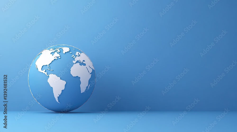 Fototapeta premium A 3D representation of a globe symbolizing global unity and connectivity against a minimalistic blue background, bridging continents effectively.