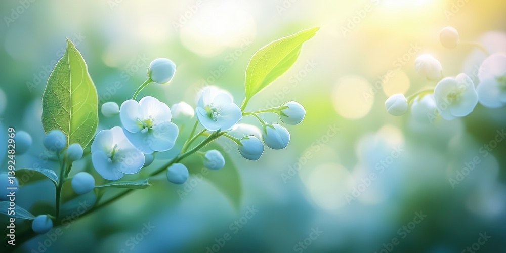 Delicate white flowers bloom in a serene garden scene during the golden hour of early morning Delicate white flowers bloom in a serene garden scene during the golden hour of early morning