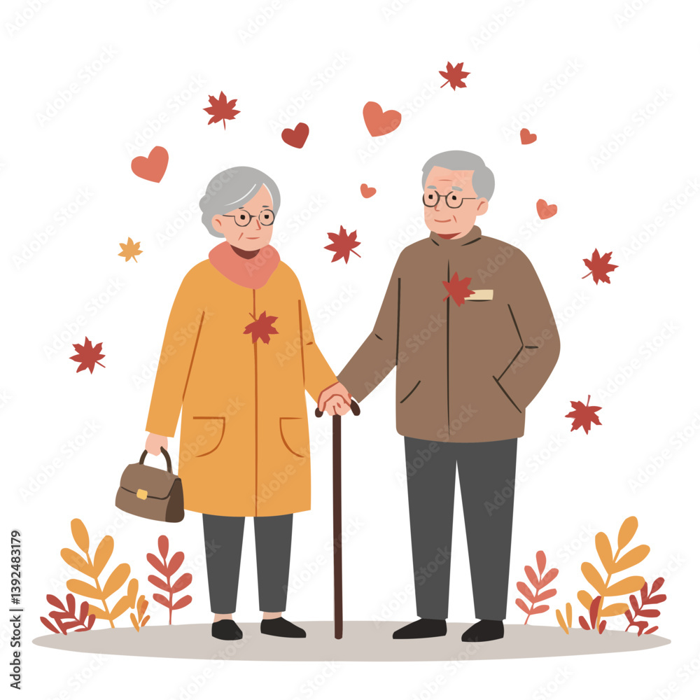 Senior couple in autumn leaves: enjoying a warm fall day surrounded by golden foliage, a symbol of love. A minimalist and flat vector design style featuring a simple color palette. Senior couple in autumn leaves: enjoying a warm fall day surrounded by golden foliage, a symbol of love. A minimalist and flat vector design style featuring a simple color palette.