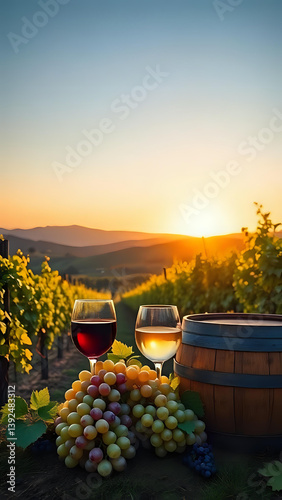 Un bicchiere di vino, grappoli d'uva, una botte e sullo sfondo un vigneto - Azienda vinicola	