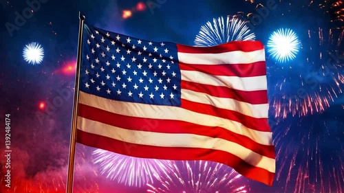 A Usa Flag waving at evening and fireworks are flashing