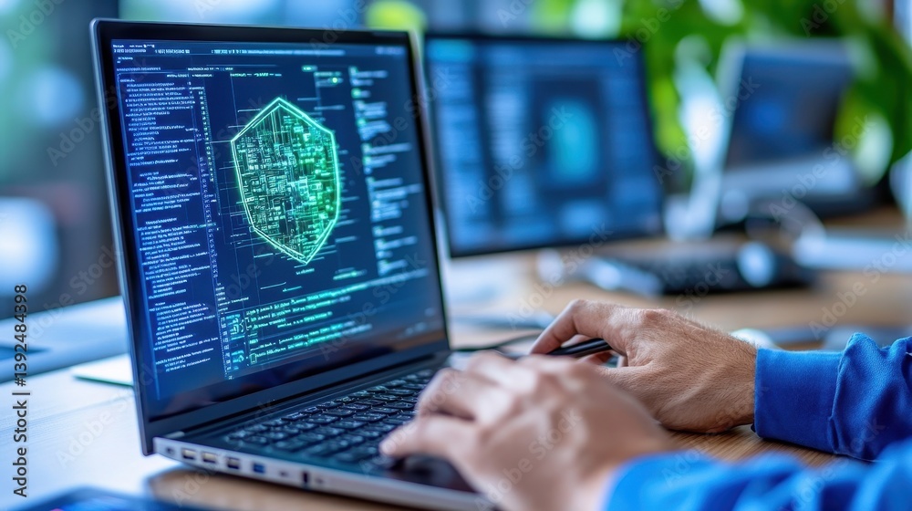 Cybersecurity Analysis Scene Featuring Analyst Engaged in Data Interpretation on Laptop with a Focus on Digital Security Measures Cybersecurity Analysis Scene Featuring Analyst Engaged in Data Interpretation on Laptop with a Focus on Digital Security Measures