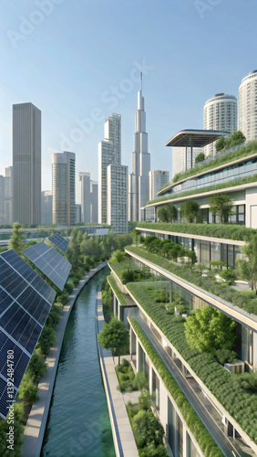 Future eco city solar panels green wall and vertical garden