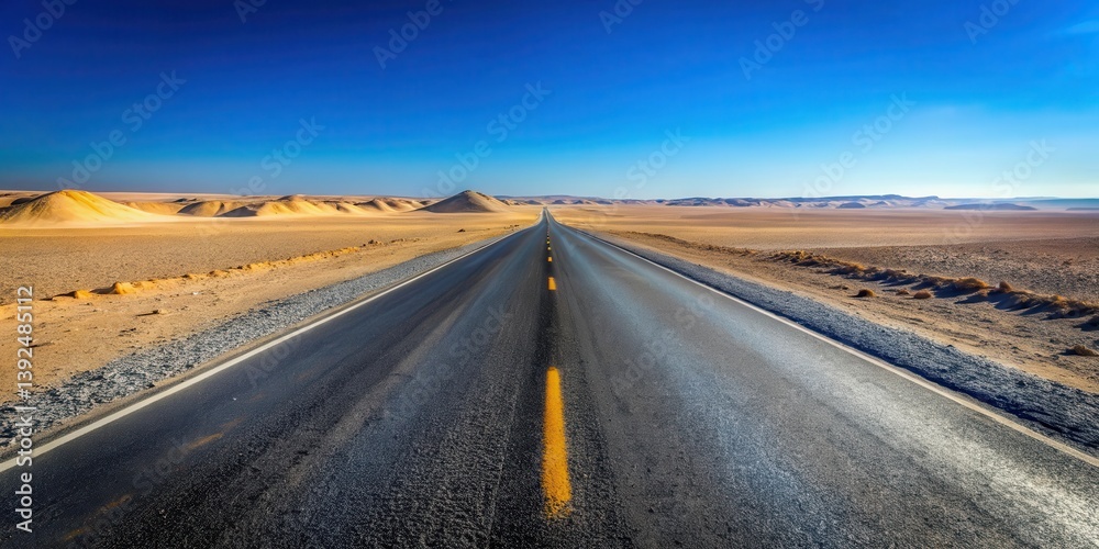 Naklejka premium A long stretch of deserted road paved with grey asphalt under a vast clear blue sky, with sandy dunes on both sides and scattered rocks in the foreground , grey asphalt, desertscape