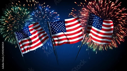 A Usa Flag waving at evening and fireworks are flashing