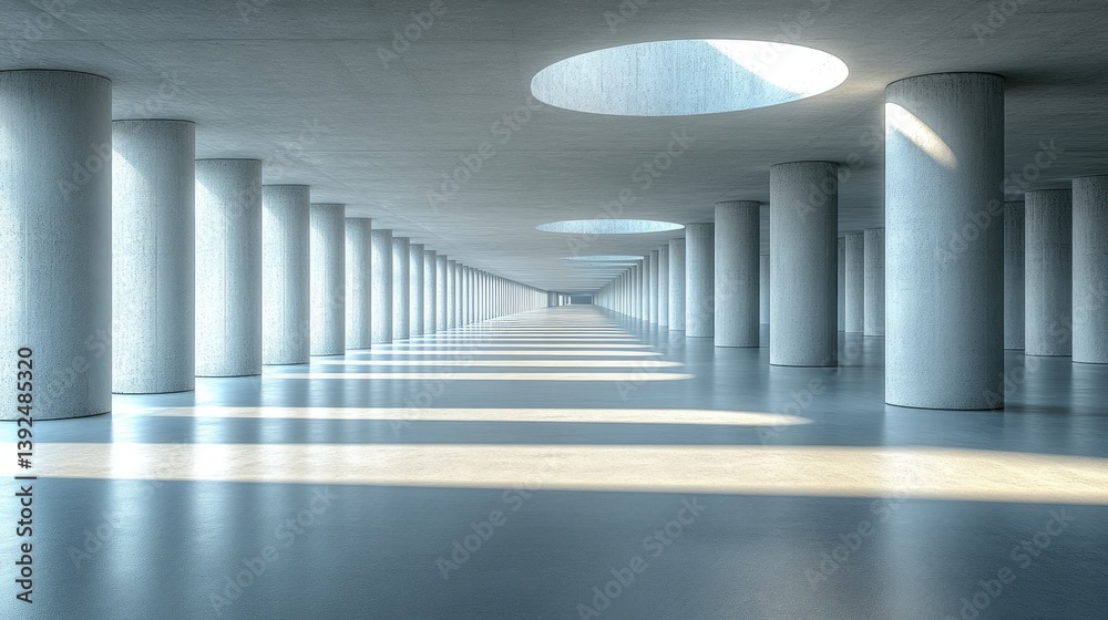 Fototapeta premium Interior view concrete columns lining spacious hall with skylights. Reflections on shiny floor