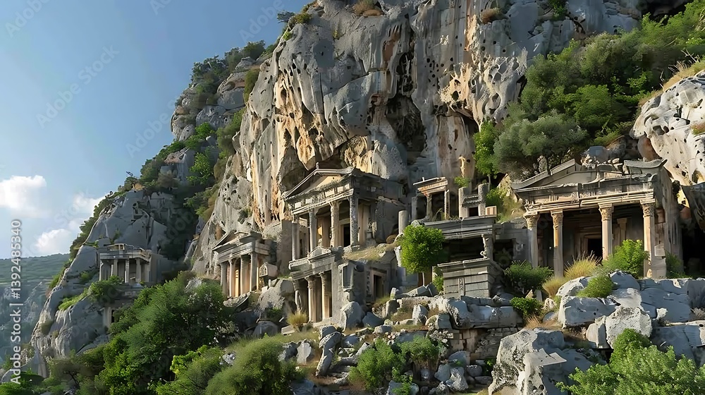 Naklejka premium Ancient Rock Tombs Carved into Mountainside Surrounded by Lush Greenery and Blue Sky