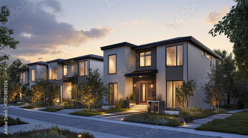 Wallpaper Mural Modern duplex homes with clean lines and neutral tones at dusk Torontodigital.ca