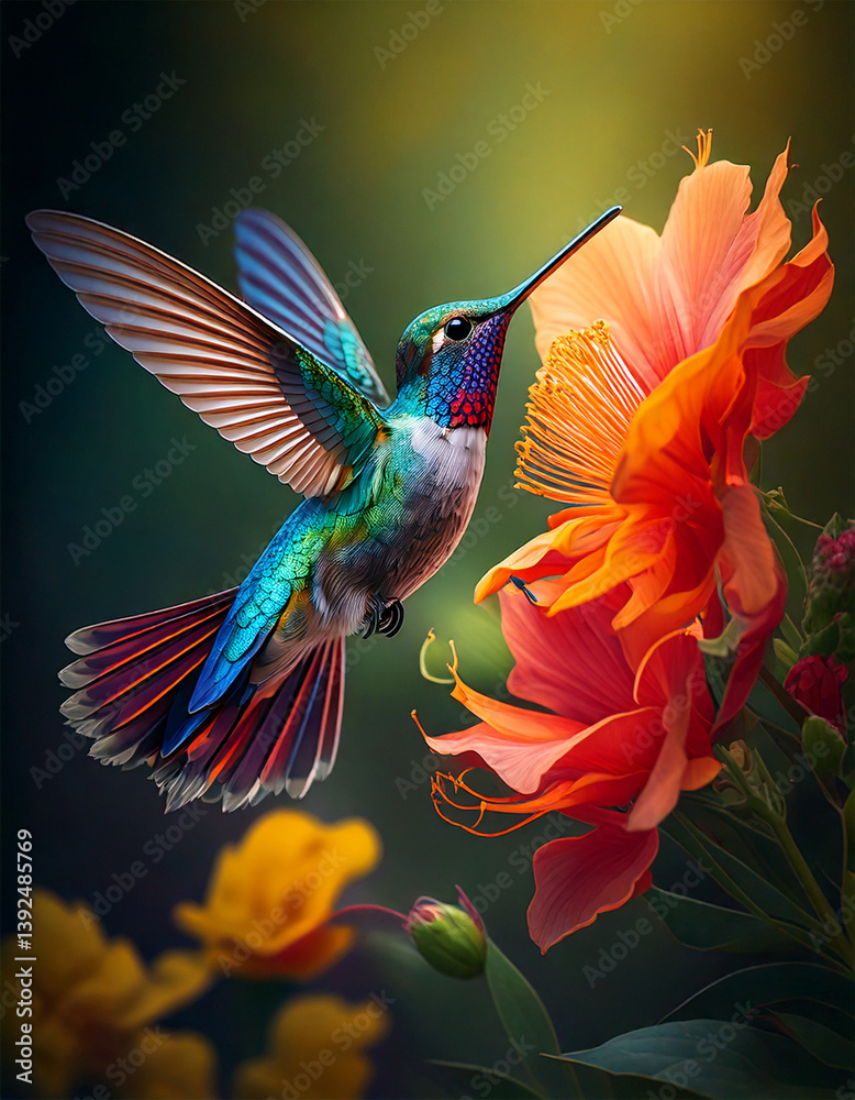 Obraz premium Beautiful vibrant colored hummingbird flying close to an open red flower, bird in nature, wings open in flight.