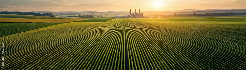© AGI Studio - A golden sunset illuminates vast, striped fields, while a distant industrial complex and hills complete this serene rural landscape.