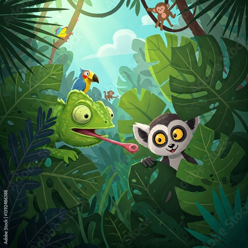 Cartoon chameleon and lemur hide among colorful jungle leaves, playing peek-a-boo while birds chirp and monkeys swing in the distance.