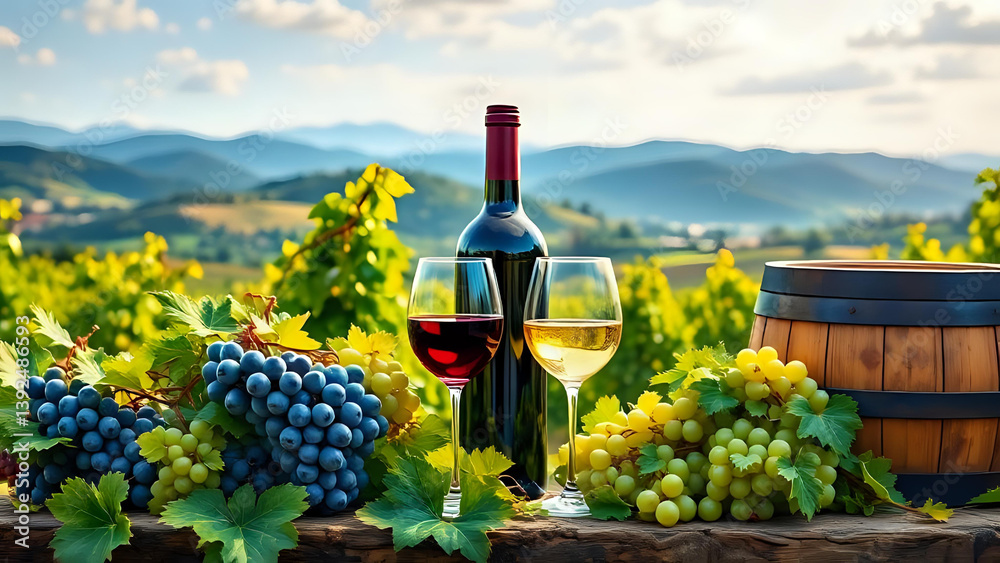 Fototapeta premium Un bicchiere di vino, grappoli d'uva, una botte e sullo sfondo un vigneto - Azienda vinicola