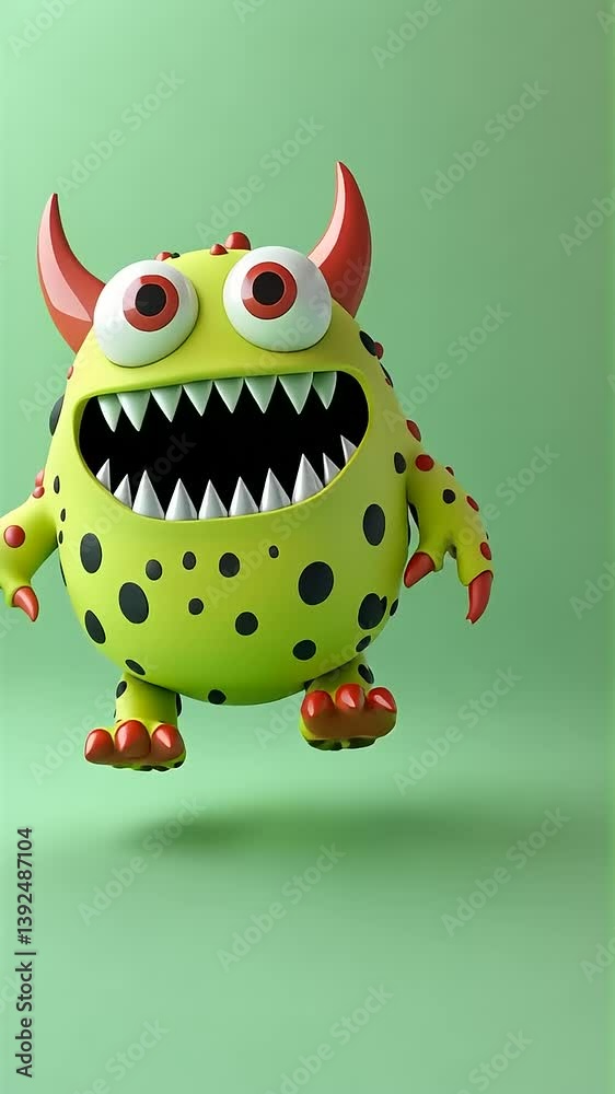 Playful Green Monster with Horns, Spots, and Sharp Teeth Playful Green Monster with Horns, Spots, and Sharp Teeth