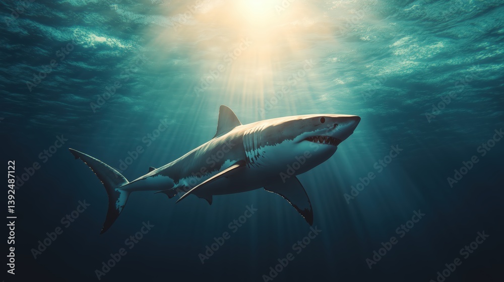 Obraz premium Great white shark swimming in ocean depths underwater serene scene