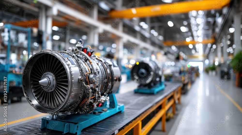 Fototapeta premium Precision Engineering, Jet Engines in a Modern Manufacturing Plant Showcasing Advanced Technology and Industrial Craftsmanship