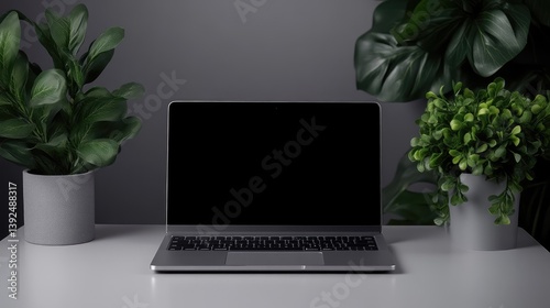 Wallpaper Mural Modern workspace laptop with plants Torontodigital.ca