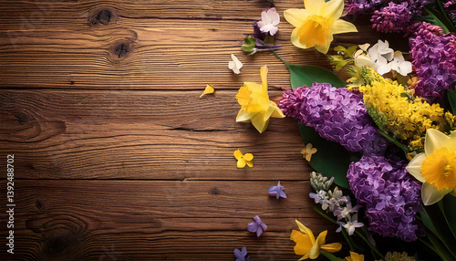 Desktop view of lilacs, daffodils, petals, and green leaves scattered on a dark wooden background, beautiful spring bouquet, nature flora, floral arrangement.