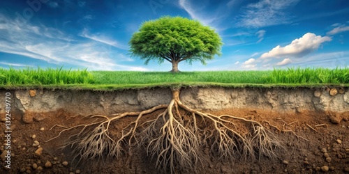 Eroded underground soil layer cross-section revealing roots and topsoil with lush green grass growth, landscape