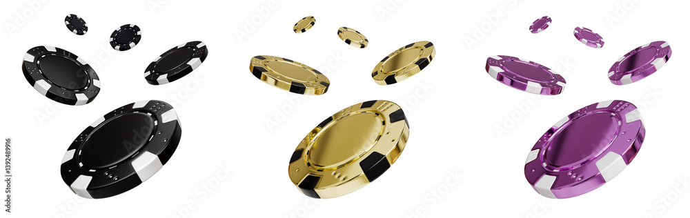 Fototapeta premium set of casino gamble betting poker chip coin game gold black purple 3d render illustration element