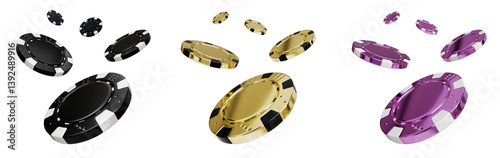 set of casino gamble betting poker chip coin game gold black purple 3d render illustration element